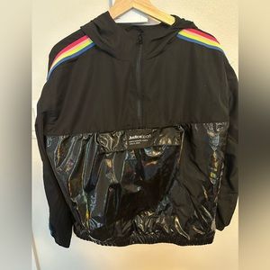 Justice black and rainbow half zip packable windbreaker worn 1x kangaroo pocket